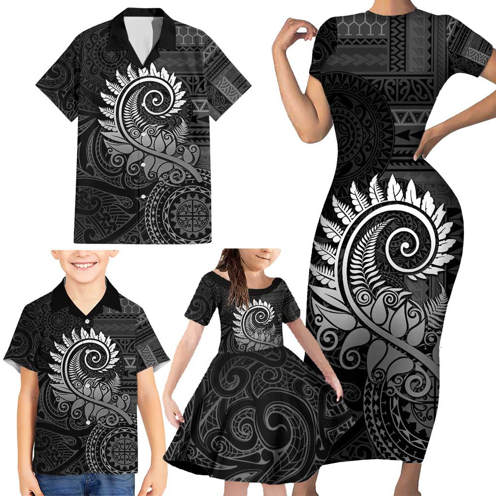 New Zealand Maori Koru Fern Family Matching Short Sleeve Bodycon Dress and Hawaiian Shirt Spiral Polynesian Style Gray LT05 - Polynesian Pride