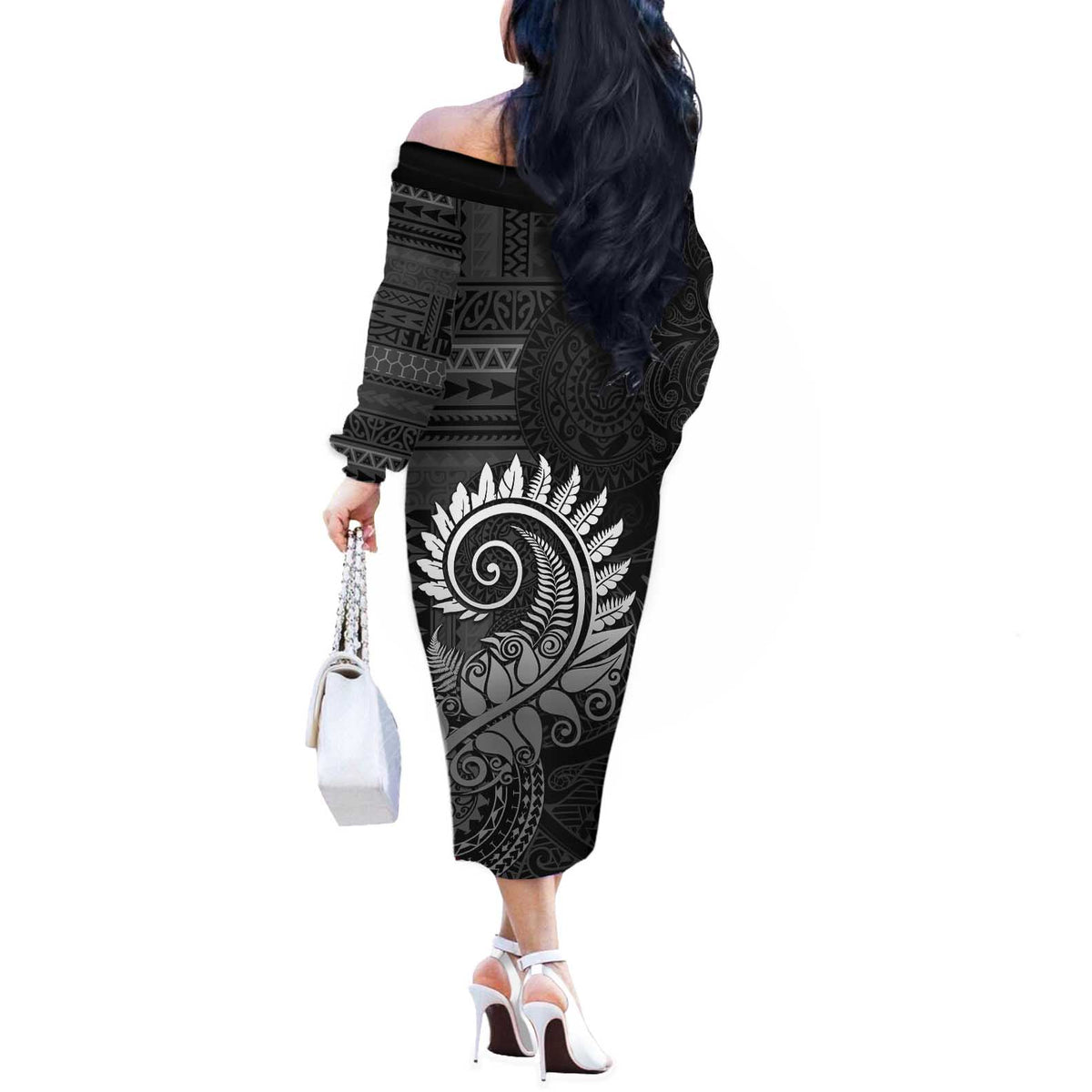 New Zealand Maori Koru Fern Off The Shoulder Long Sleeve Dress Spiral Polynesian Style Gray
