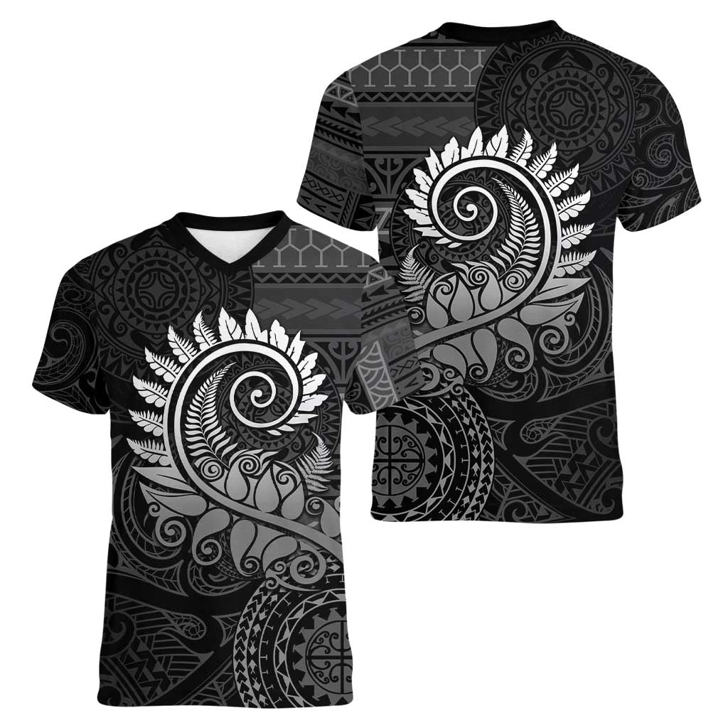 New Zealand Maori Koru Fern Women V-Neck T-Shirt Spiral Polynesian Style Gray LT05 - Polynesian Pride