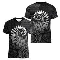 New Zealand Maori Koru Fern Women V-Neck T-Shirt Spiral Polynesian Style Gray LT05 - Polynesian Pride