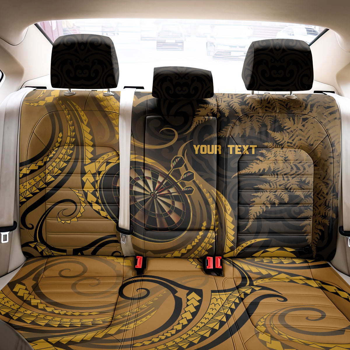 Personalised New Zealand Gold Darts Back Car Seat Cover Maori Fern Curve Style