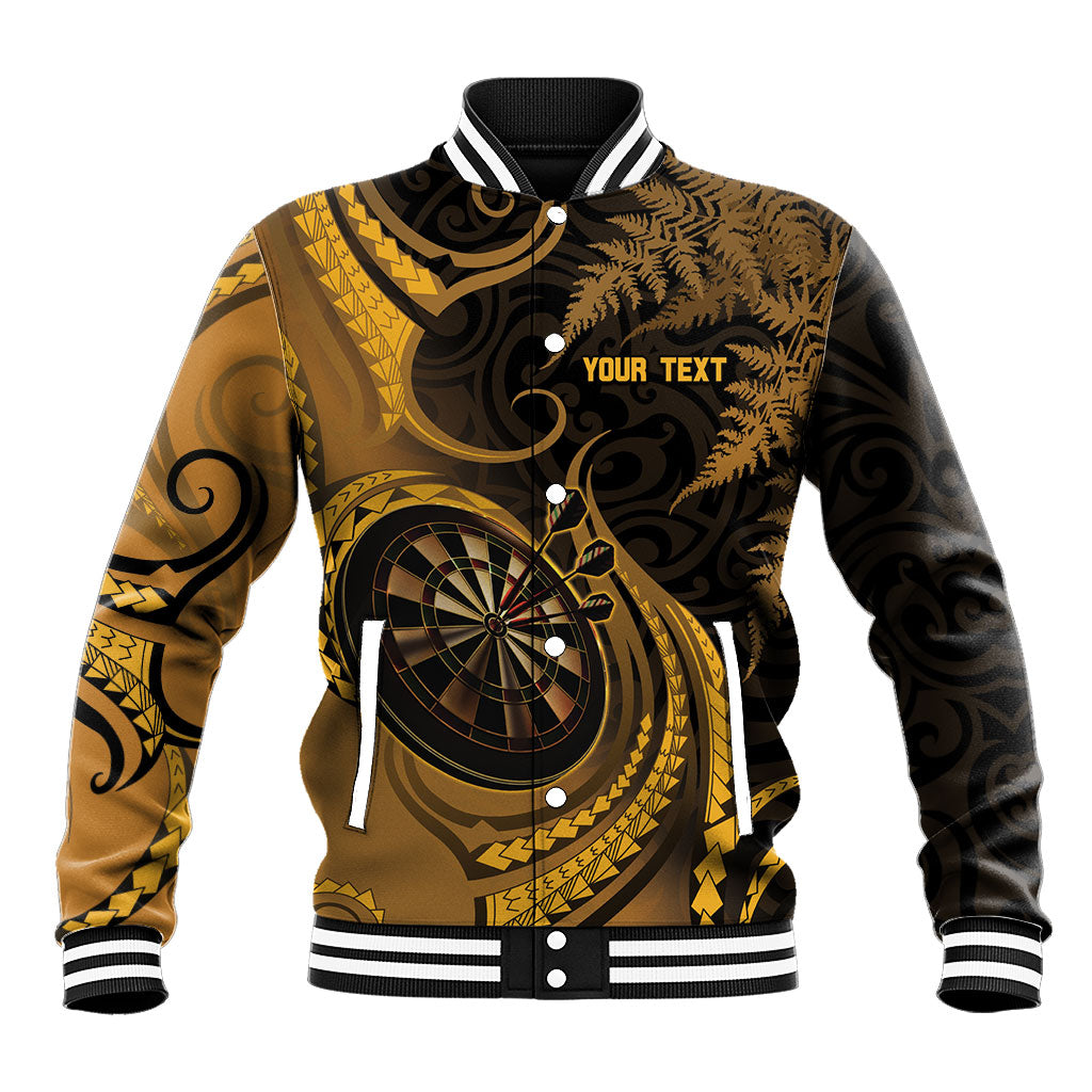 Personalised New Zealand Gold Darts Baseball Jacket Maori Fern Curve Style