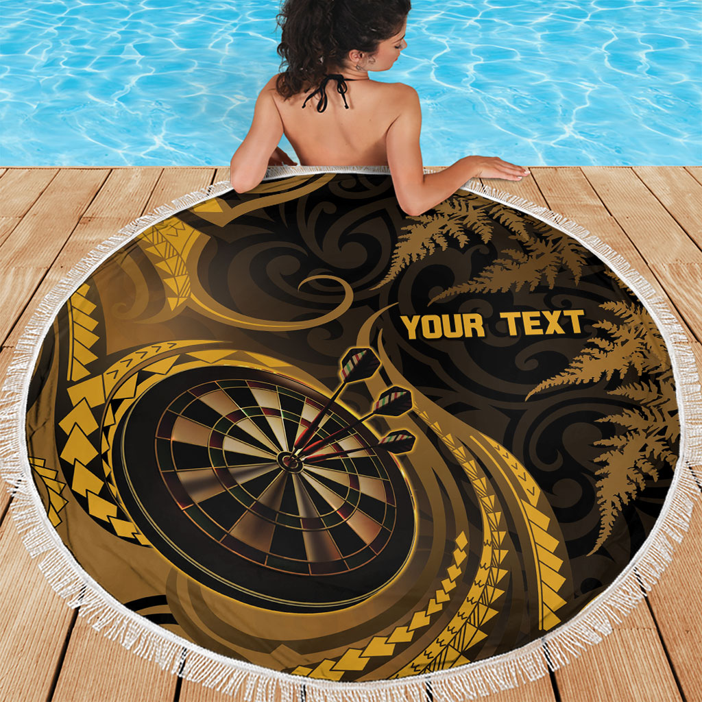 Personalised New Zealand Gold Darts Beach Blanket Maori Fern Curve Style