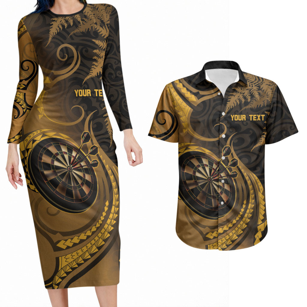 Personalised New Zealand Gold Darts Couples Matching Long Sleeve Bodycon Dress and Hawaiian Shirt Maori Fern Curve Style