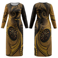 Personalised New Zealand Gold Darts Couples Matching Long Sleeve Bodycon Dress and Hawaiian Shirt Maori Fern Curve Style