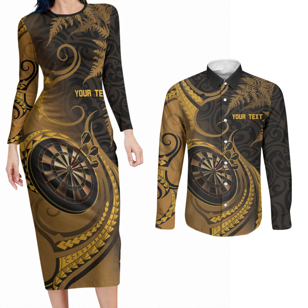 Personalised New Zealand Gold Darts Couples Matching Long Sleeve Bodycon Dress and Long Sleeve Button Shirt Maori Fern Curve Style