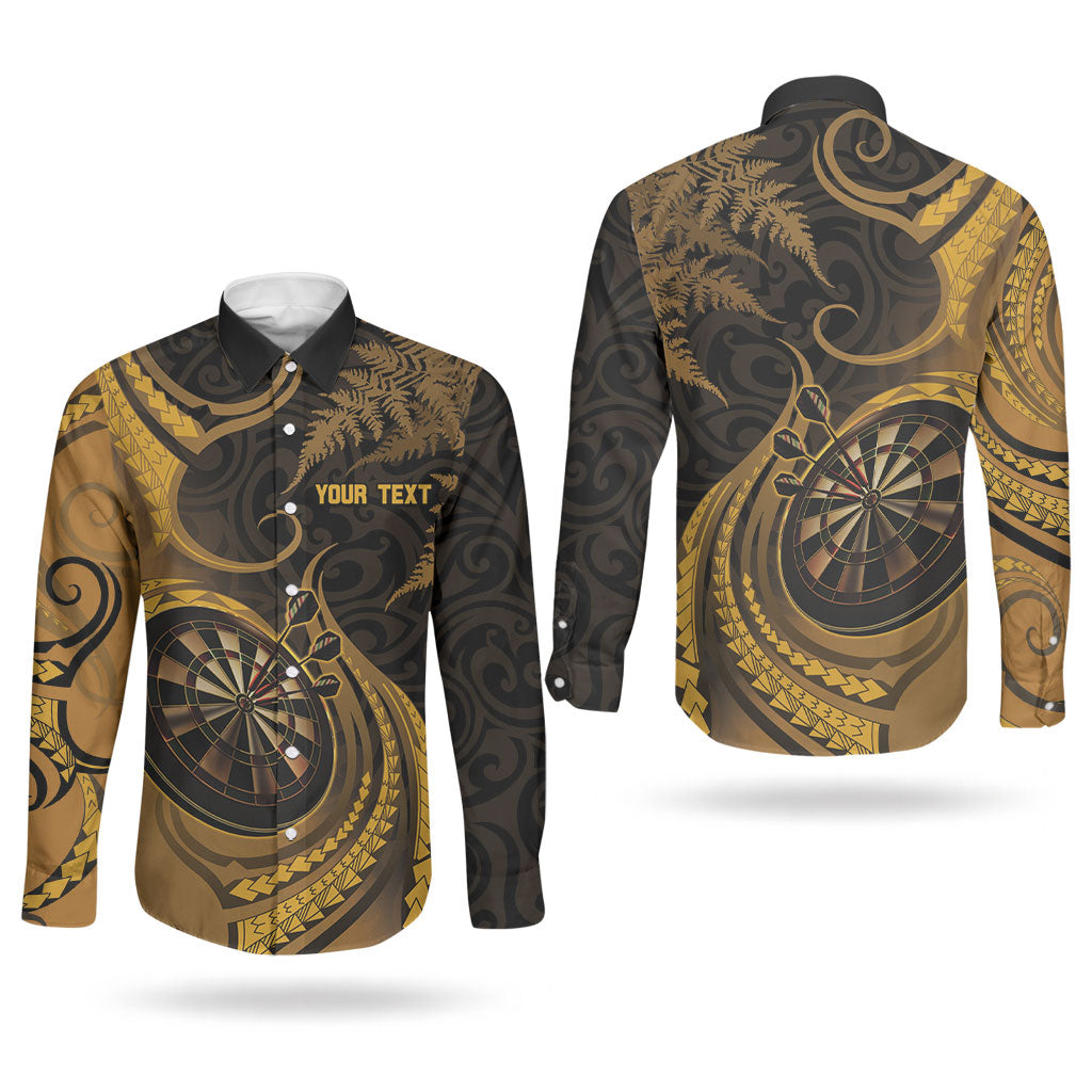 Personalised New Zealand Gold Darts Couples Matching Long Sleeve Bodycon Dress and Long Sleeve Button Shirt Maori Fern Curve Style