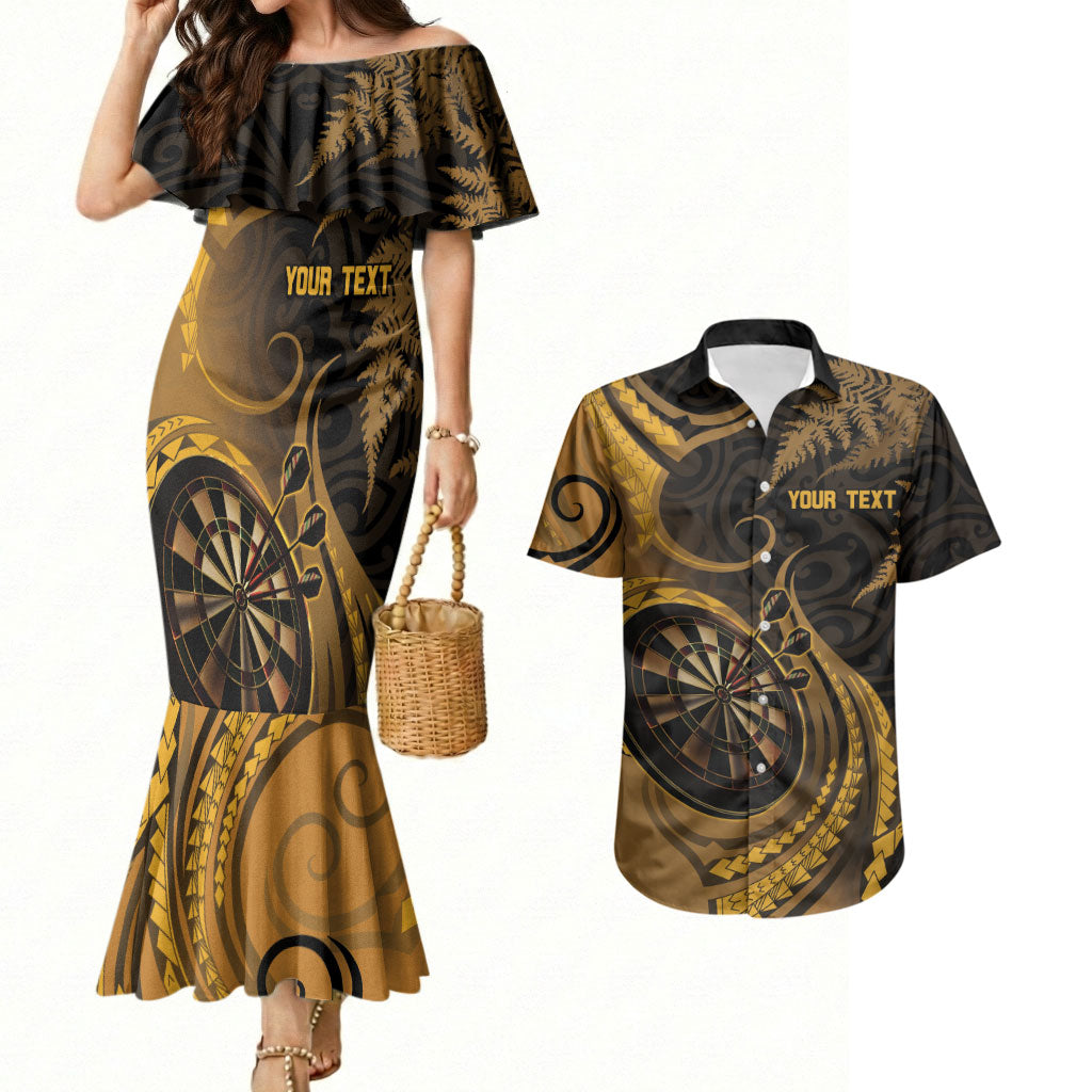 Personalised New Zealand Gold Darts Couples Matching Mermaid Dress and Hawaiian Shirt Maori Fern Curve Style