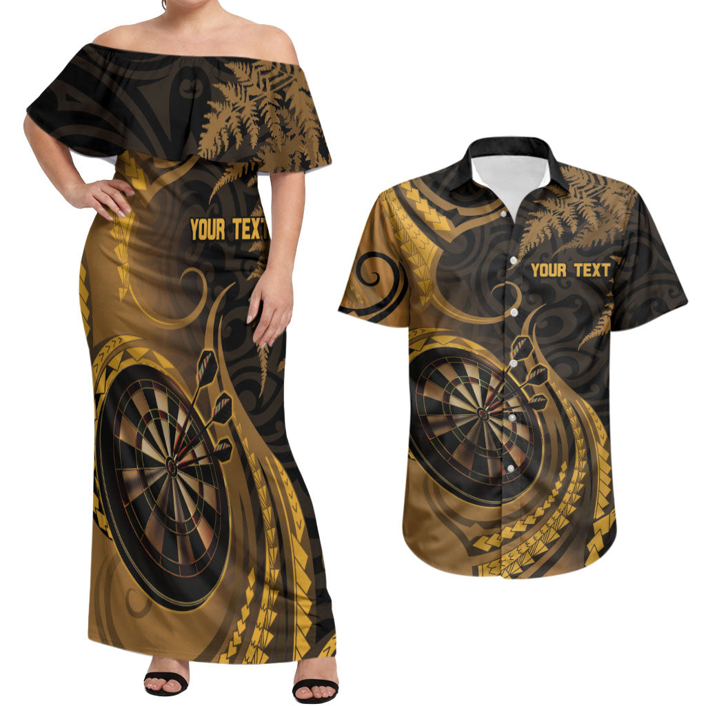 Personalised New Zealand Gold Darts Couples Matching Off Shoulder Maxi Dress and Hawaiian Shirt Maori Fern Curve Style