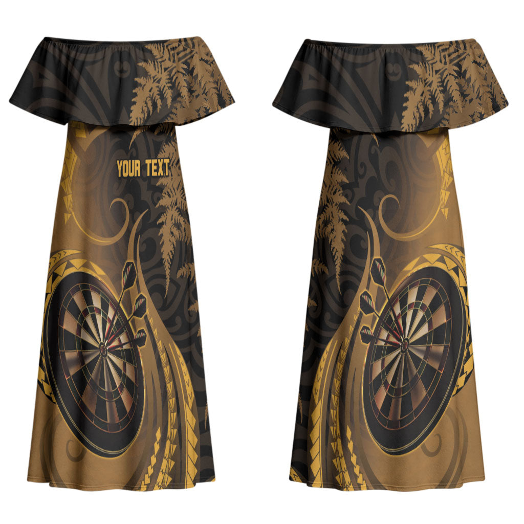 Personalised New Zealand Gold Darts Couples Matching Off Shoulder Maxi Dress and Hawaiian Shirt Maori Fern Curve Style