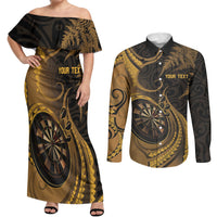 Personalised New Zealand Gold Darts Couples Matching Off Shoulder Maxi Dress and Long Sleeve Button Shirt Maori Fern Curve Style