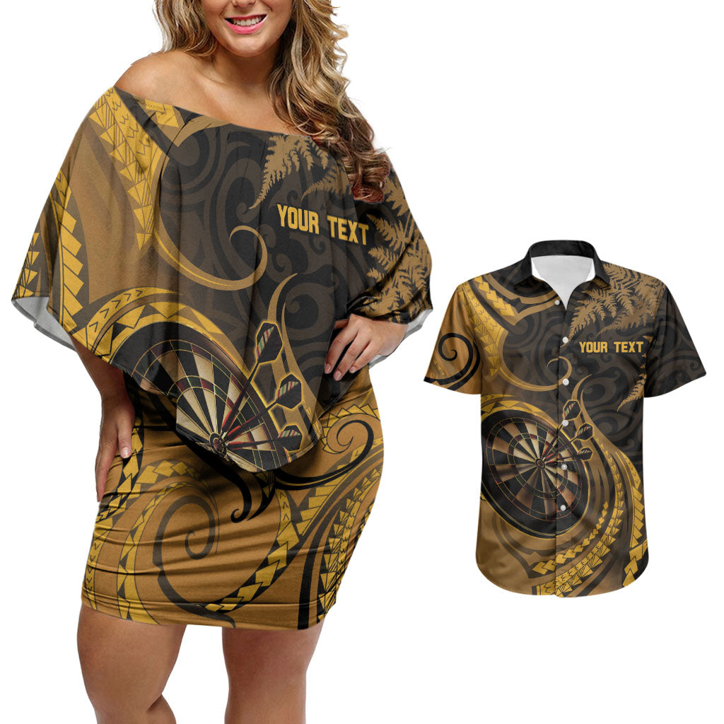 Personalised New Zealand Gold Darts Couples Matching Off Shoulder Short Dress and Hawaiian Shirt Maori Fern Curve Style