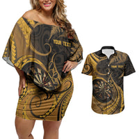 Personalised New Zealand Gold Darts Couples Matching Off Shoulder Short Dress and Hawaiian Shirt Maori Fern Curve Style