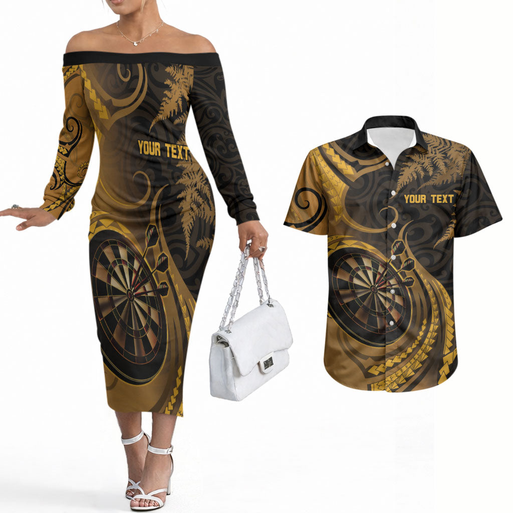 Personalised New Zealand Gold Darts Couples Matching Off The Shoulder Long Sleeve Dress and Hawaiian Shirt Maori Fern Curve Style