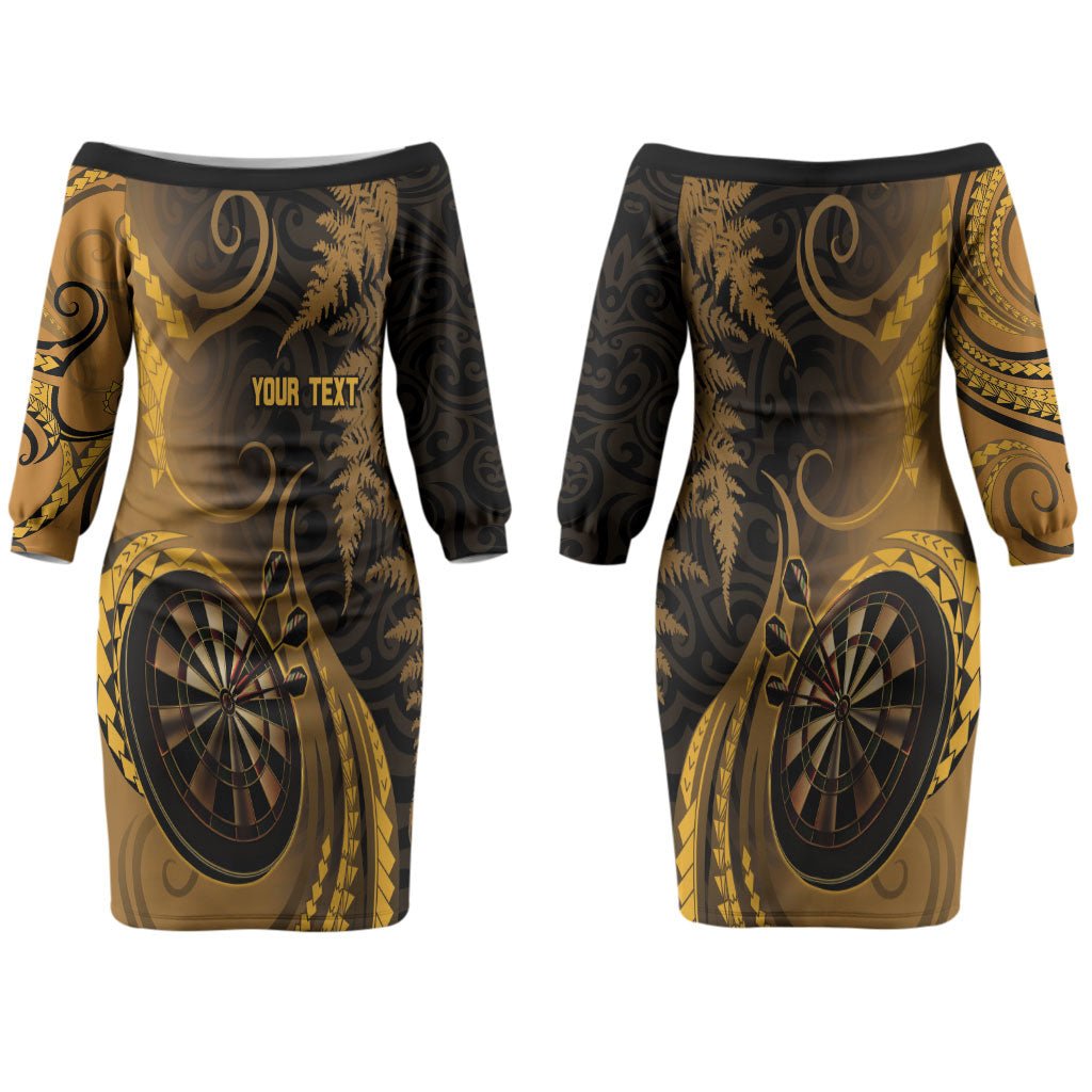 Personalised New Zealand Gold Darts Couples Matching Off The Shoulder Long Sleeve Dress and Hawaiian Shirt Maori Fern Curve Style