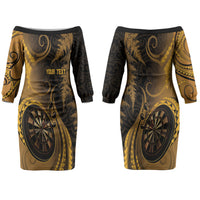 Personalised New Zealand Gold Darts Couples Matching Off The Shoulder Long Sleeve Dress and Hawaiian Shirt Maori Fern Curve Style