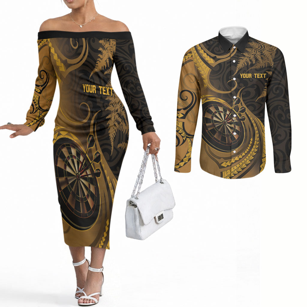 Personalised New Zealand Gold Darts Couples Matching Off The Shoulder Long Sleeve Dress and Long Sleeve Button Shirt Maori Fern Curve Style