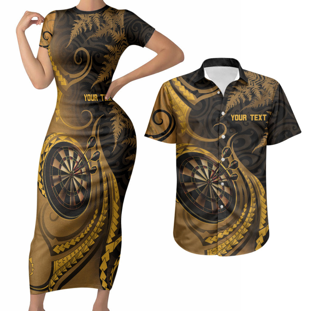 Personalised New Zealand Gold Darts Couples Matching Short Sleeve Bodycon Dress and Hawaiian Shirt Maori Fern Curve Style