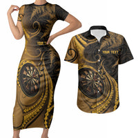 Personalised New Zealand Gold Darts Couples Matching Short Sleeve Bodycon Dress and Hawaiian Shirt Maori Fern Curve Style
