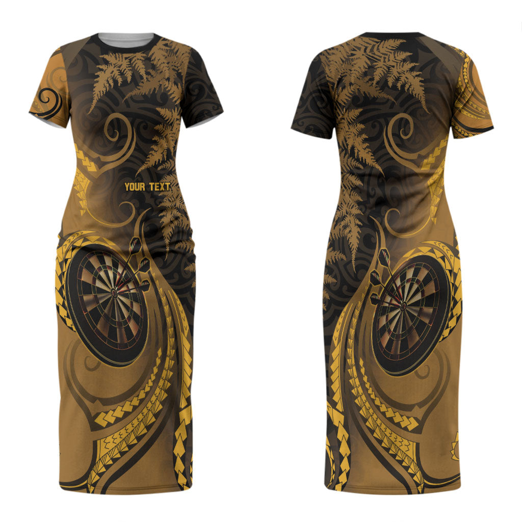 Personalised New Zealand Gold Darts Couples Matching Short Sleeve Bodycon Dress and Hawaiian Shirt Maori Fern Curve Style