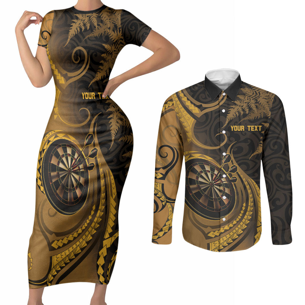Personalised New Zealand Gold Darts Couples Matching Short Sleeve Bodycon Dress and Long Sleeve Button Shirt Maori Fern Curve Style