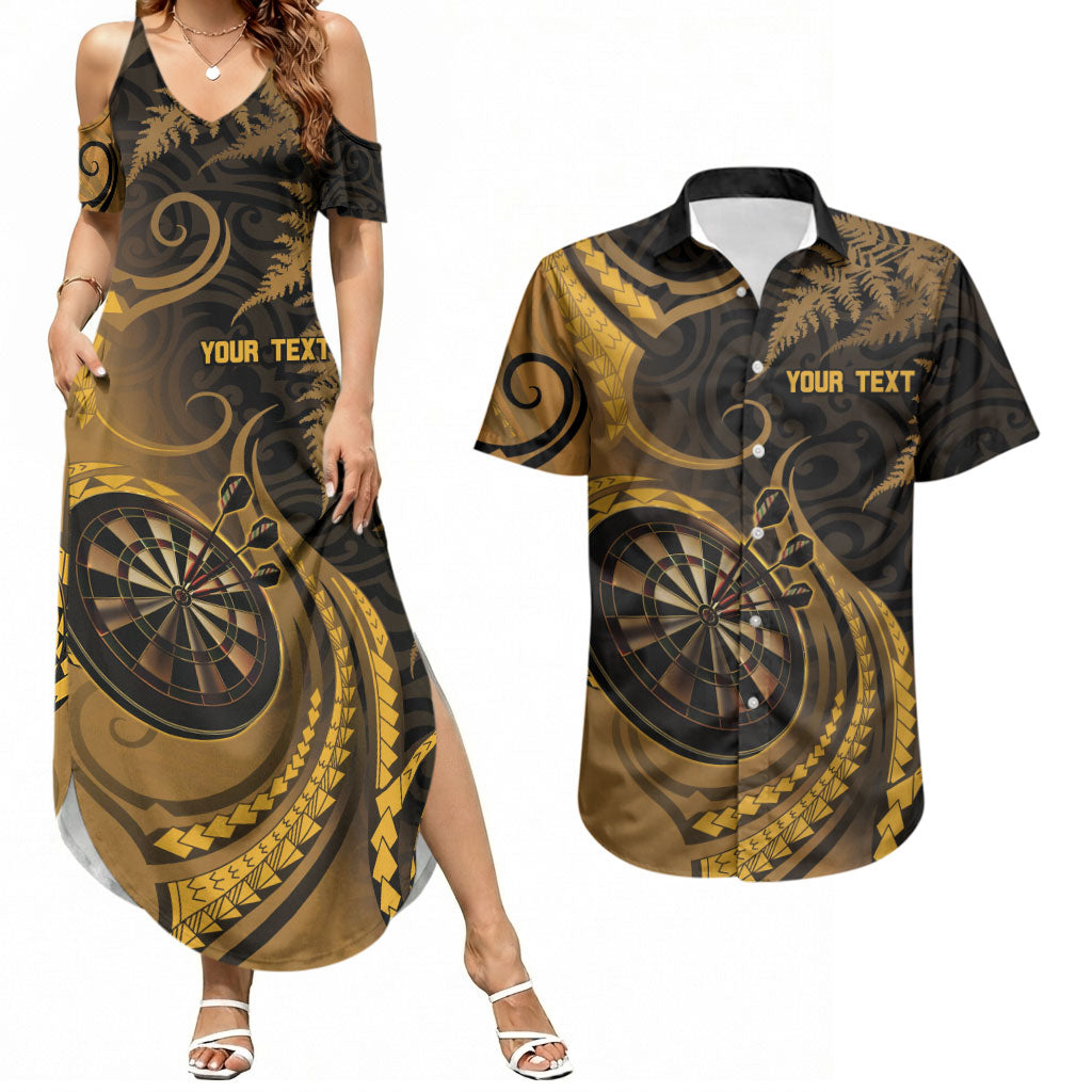 Personalised New Zealand Gold Darts Couples Matching Summer Maxi Dress and Hawaiian Shirt Maori Fern Curve Style