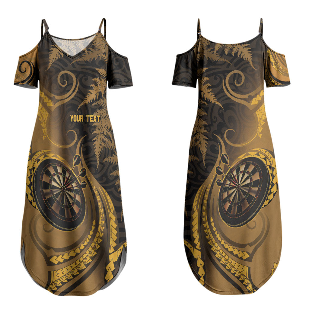Personalised New Zealand Gold Darts Couples Matching Summer Maxi Dress and Hawaiian Shirt Maori Fern Curve Style