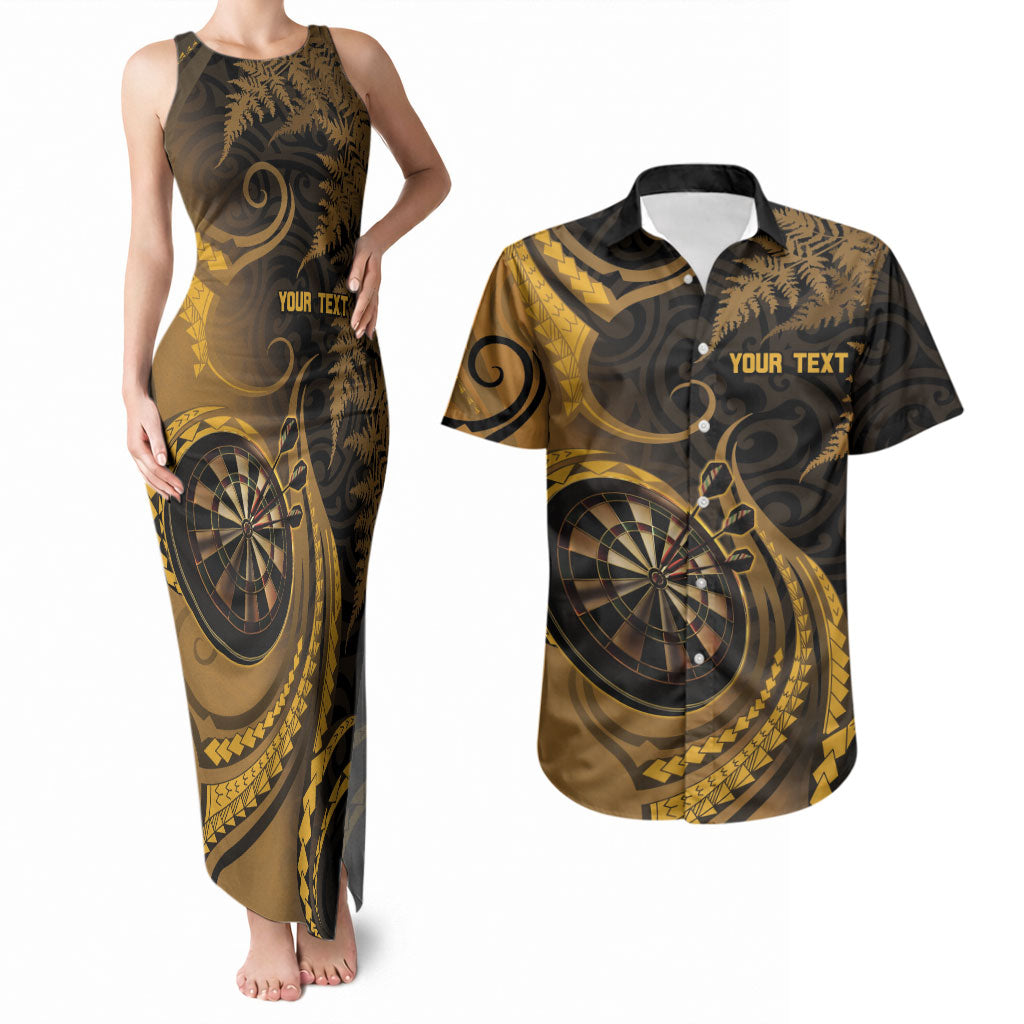 Personalised New Zealand Gold Darts Couples Matching Tank Maxi Dress and Hawaiian Shirt Maori Fern Curve Style