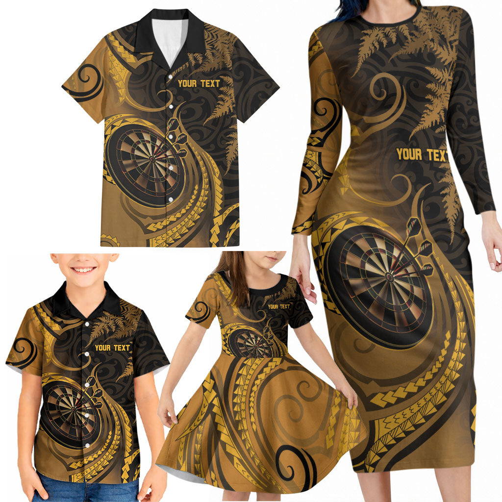 Personalised New Zealand Gold Darts Family Matching Long Sleeve Bodycon Dress and Hawaiian Shirt Maori Fern Curve Style