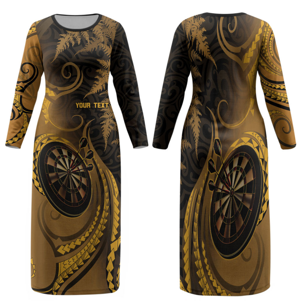 Personalised New Zealand Gold Darts Family Matching Long Sleeve Bodycon Dress and Hawaiian Shirt Maori Fern Curve Style
