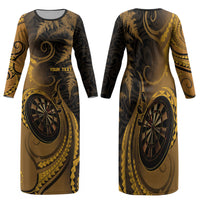 Personalised New Zealand Gold Darts Family Matching Long Sleeve Bodycon Dress and Hawaiian Shirt Maori Fern Curve Style