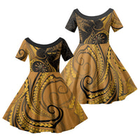 Personalised New Zealand Gold Darts Family Matching Long Sleeve Bodycon Dress and Hawaiian Shirt Maori Fern Curve Style