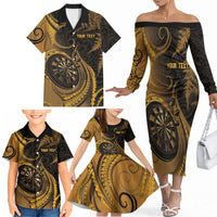 Personalised New Zealand Gold Darts Family Matching Off The Shoulder Long Sleeve Dress and Hawaiian Shirt Maori Fern Curve Style
