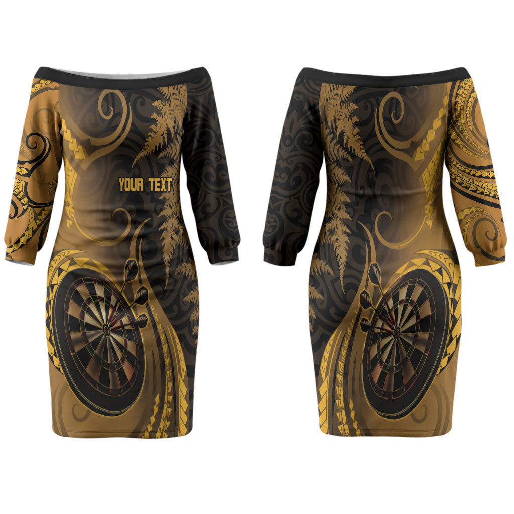 Personalised New Zealand Gold Darts Family Matching Off The Shoulder Long Sleeve Dress and Hawaiian Shirt Maori Fern Curve Style
