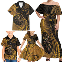 Personalised New Zealand Gold Darts Family Matching Off Shoulder Maxi Dress and Hawaiian Shirt Maori Fern Curve Style