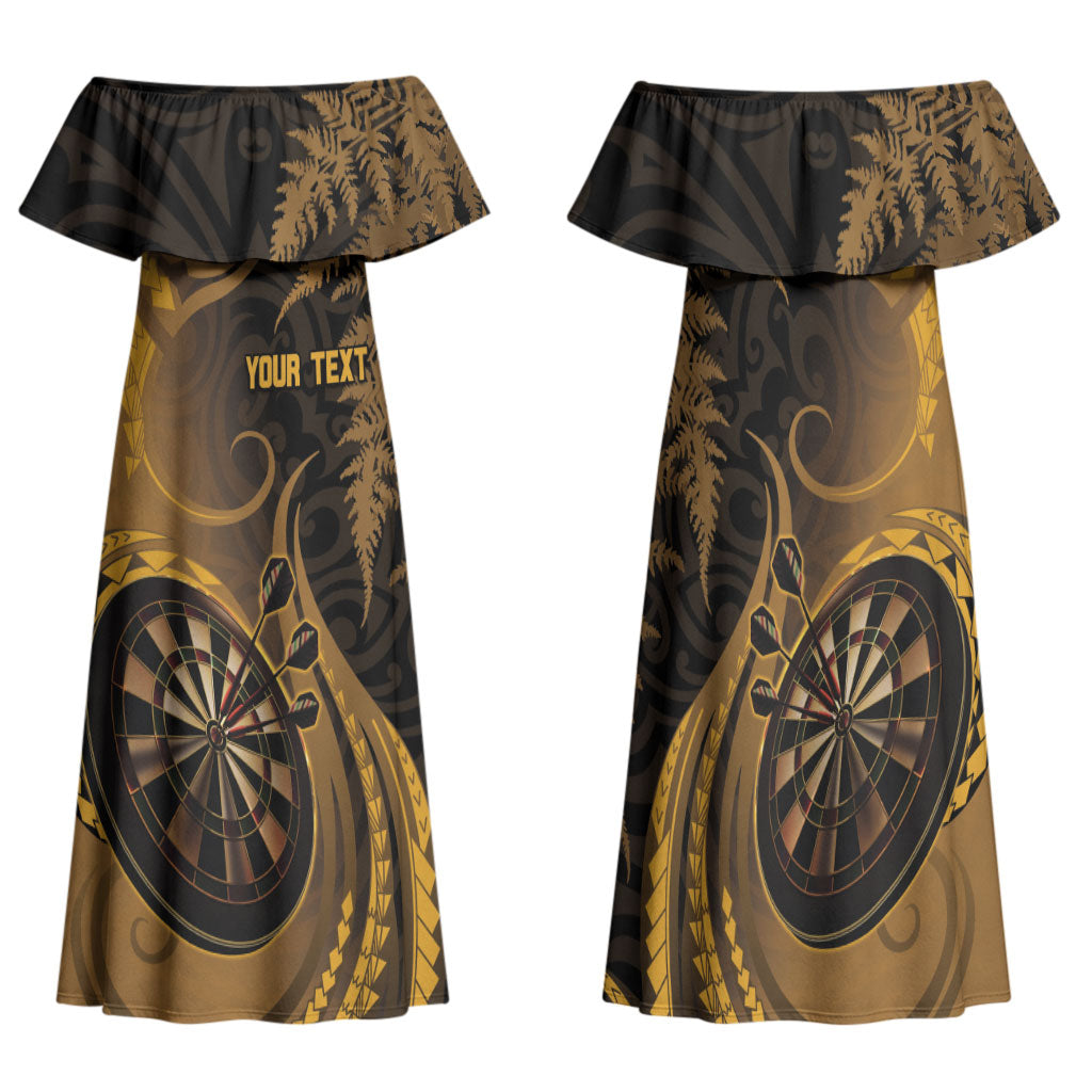 Personalised New Zealand Gold Darts Family Matching Off Shoulder Maxi Dress and Hawaiian Shirt Maori Fern Curve Style