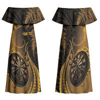 Personalised New Zealand Gold Darts Family Matching Off Shoulder Maxi Dress and Hawaiian Shirt Maori Fern Curve Style