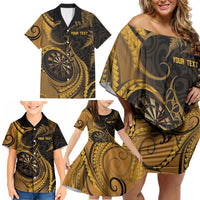 Personalised New Zealand Gold Darts Family Matching Off Shoulder Short Dress and Hawaiian Shirt Maori Fern Curve Style