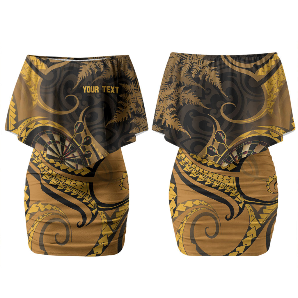 Personalised New Zealand Gold Darts Family Matching Off Shoulder Short Dress and Hawaiian Shirt Maori Fern Curve Style