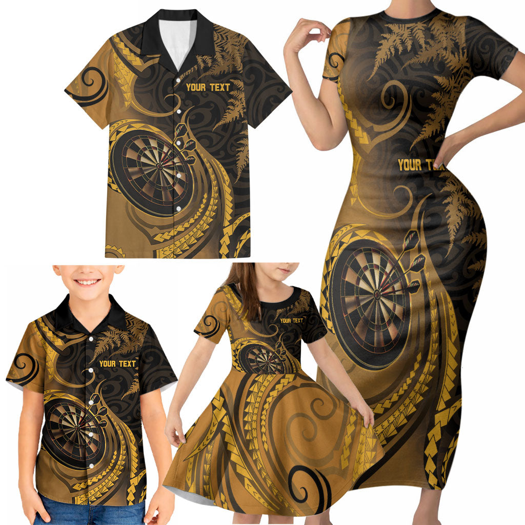 Personalised New Zealand Gold Darts Family Matching Short Sleeve Bodycon Dress and Hawaiian Shirt Maori Fern Curve Style