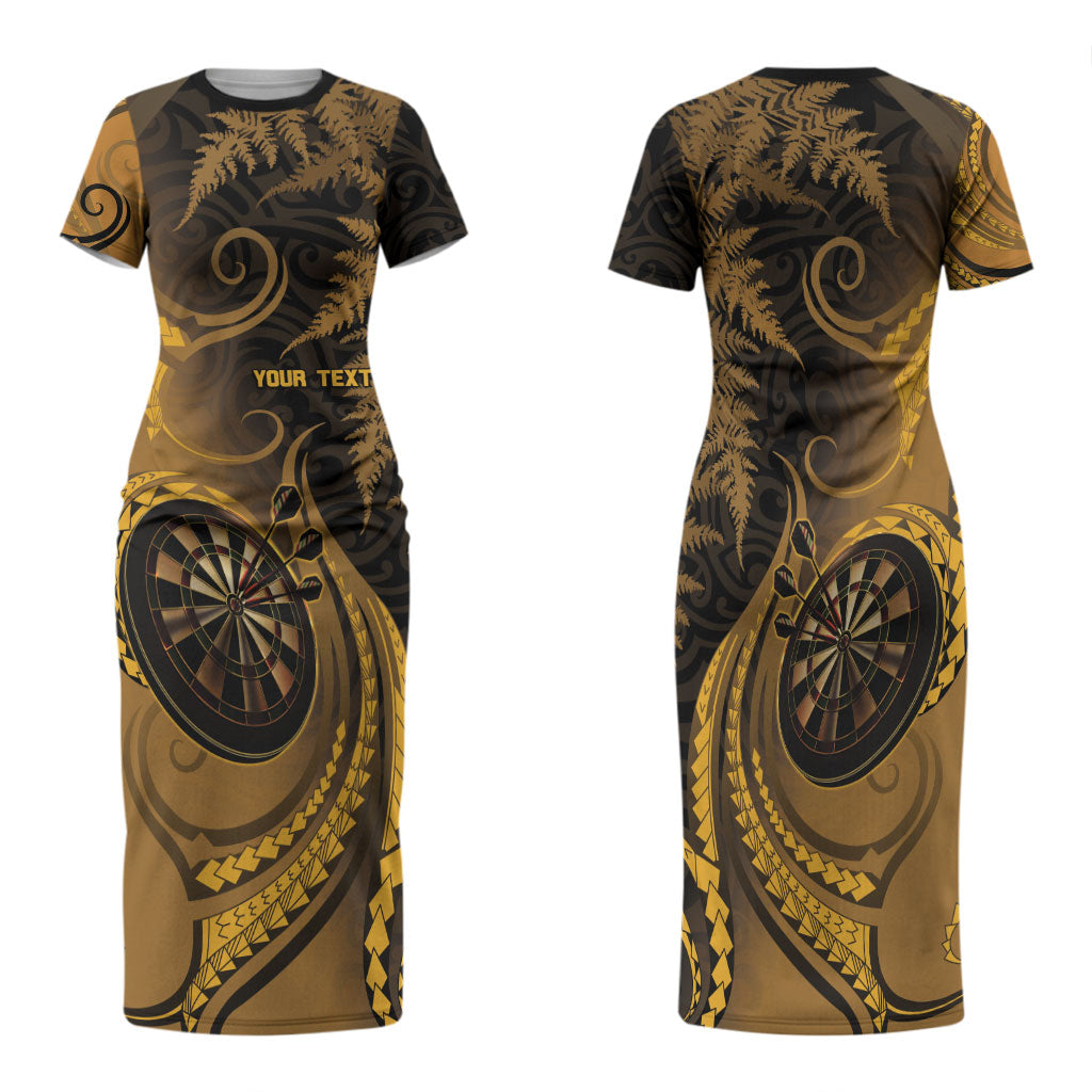 Personalised New Zealand Gold Darts Family Matching Short Sleeve Bodycon Dress and Hawaiian Shirt Maori Fern Curve Style