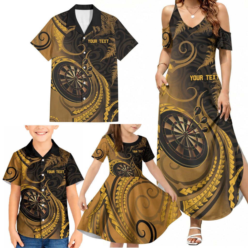 Personalised New Zealand Gold Darts Family Matching Summer Maxi Dress and Hawaiian Shirt Maori Fern Curve Style