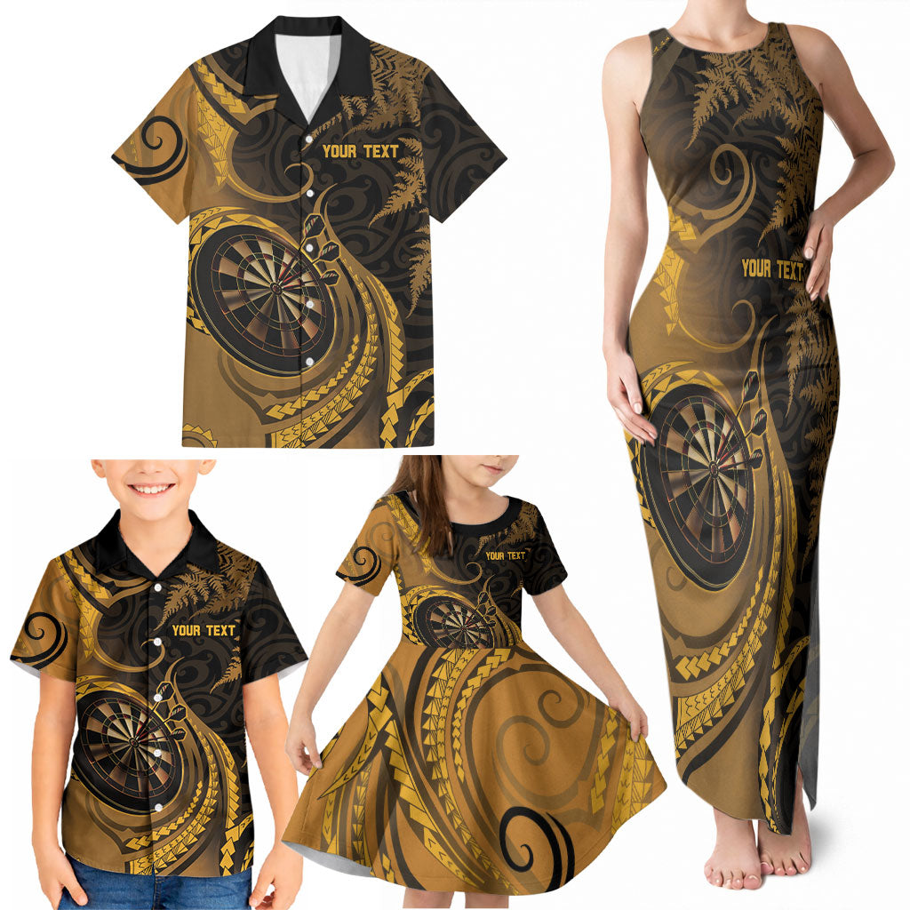 Personalised New Zealand Gold Darts Family Matching Tank Maxi Dress and Hawaiian Shirt Maori Fern Curve Style