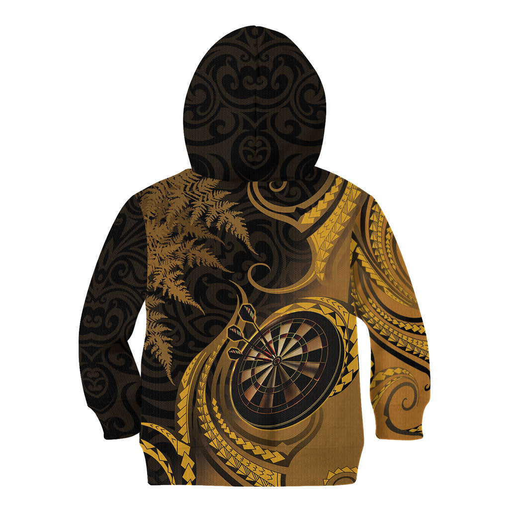 Personalised New Zealand Gold Darts Kid Hoodie Maori Fern Curve Style