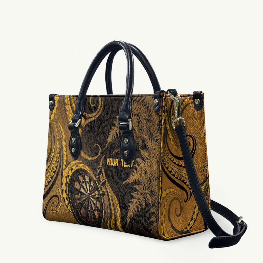 Personalised New Zealand Gold Darts Leather Bag Maori Fern Curve Style