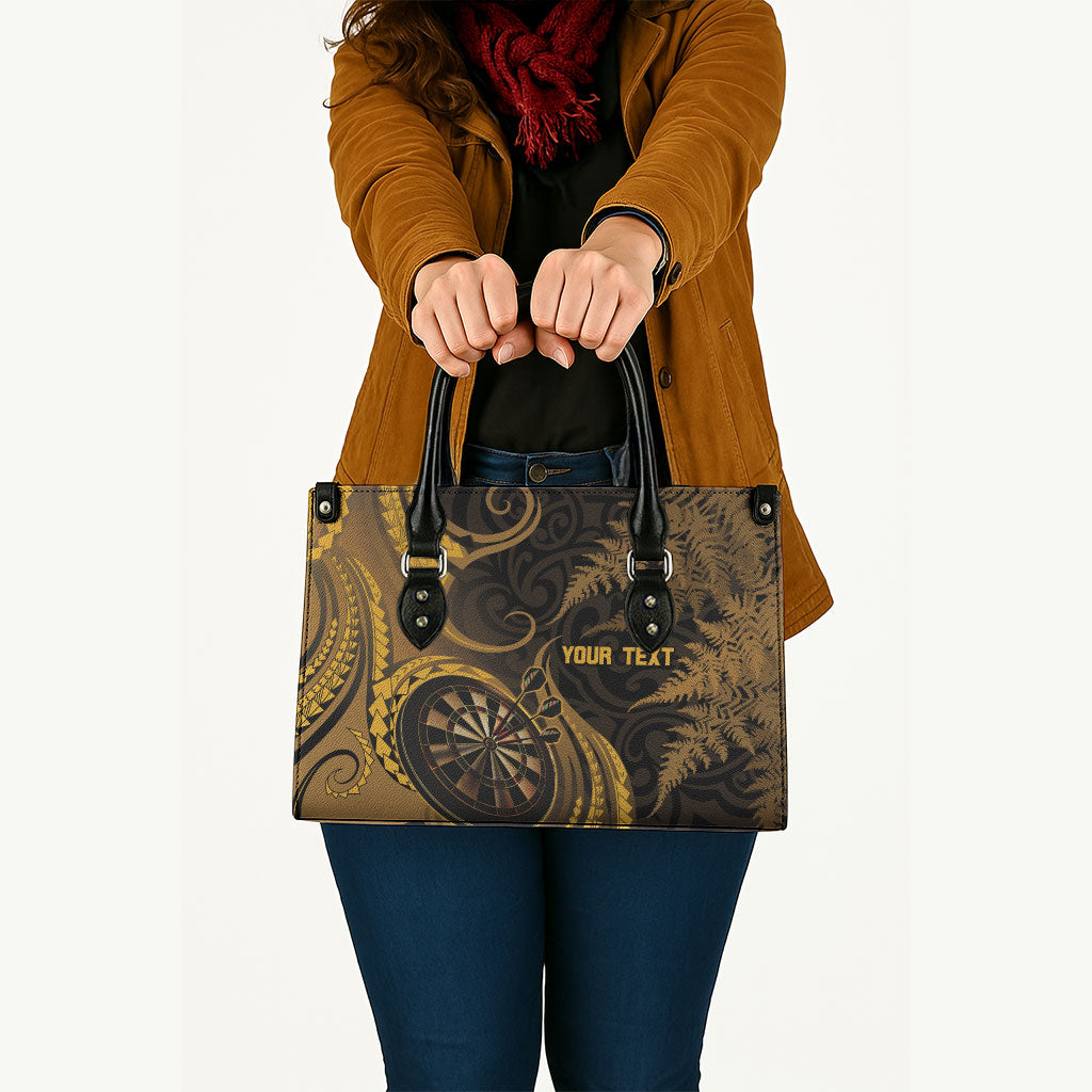 Personalised New Zealand Gold Darts Leather Bag Maori Fern Curve Style