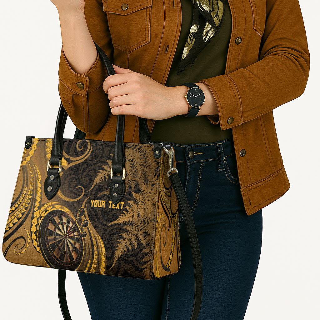 Personalised New Zealand Gold Darts Leather Bag Maori Fern Curve Style