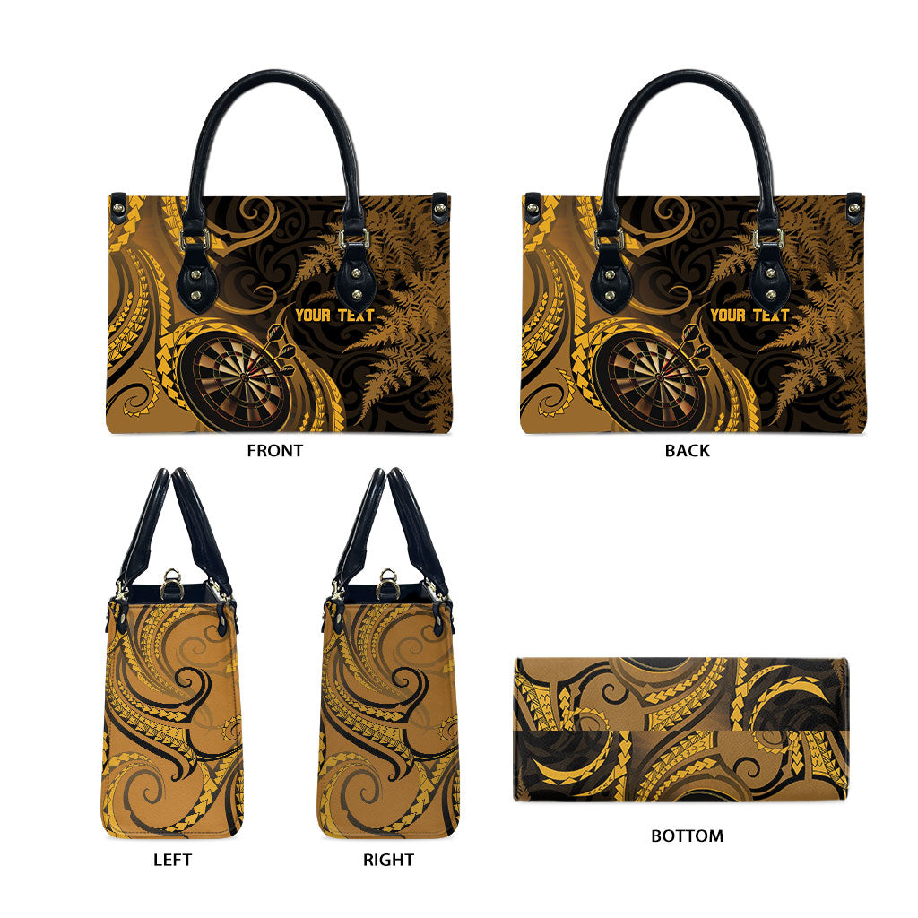 Personalised New Zealand Gold Darts Leather Bag Maori Fern Curve Style