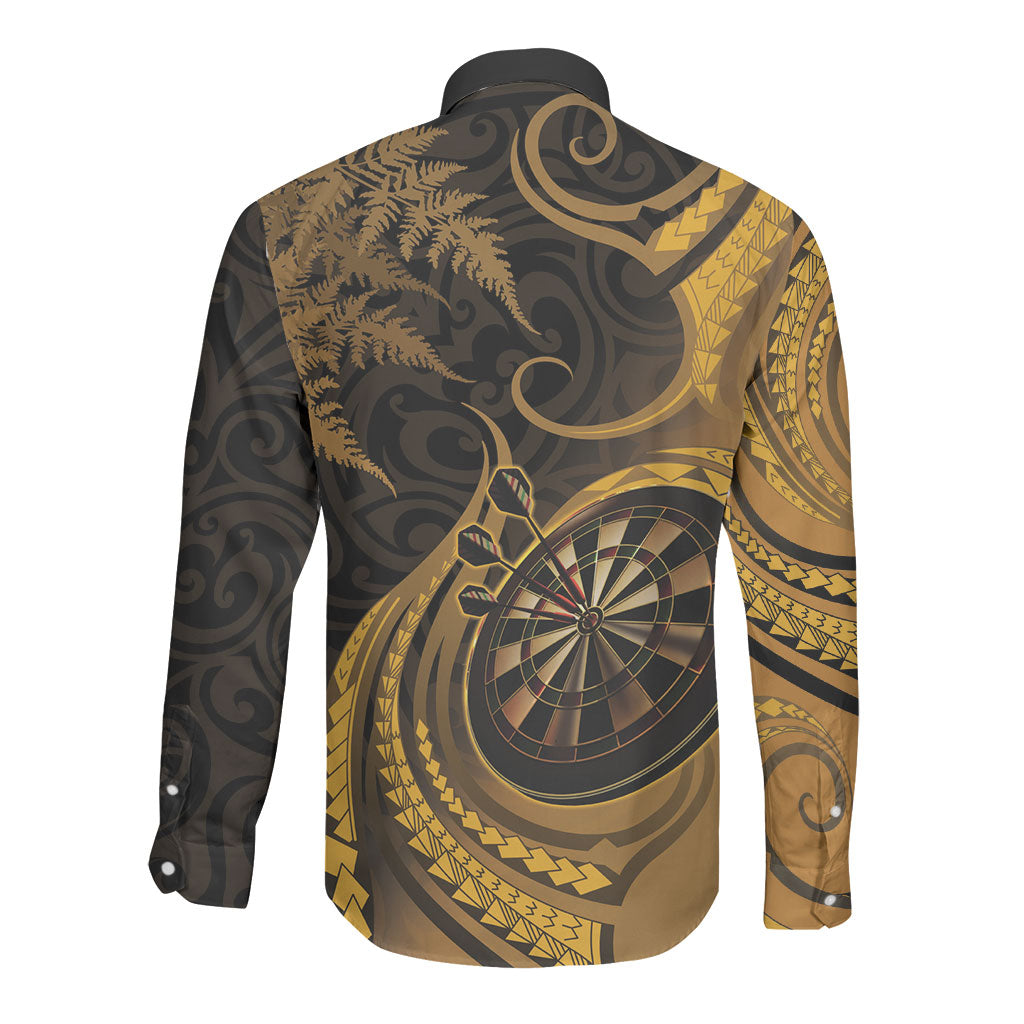 Personalised New Zealand Gold Darts Long Sleeve Button Shirt Maori Fern Curve Style