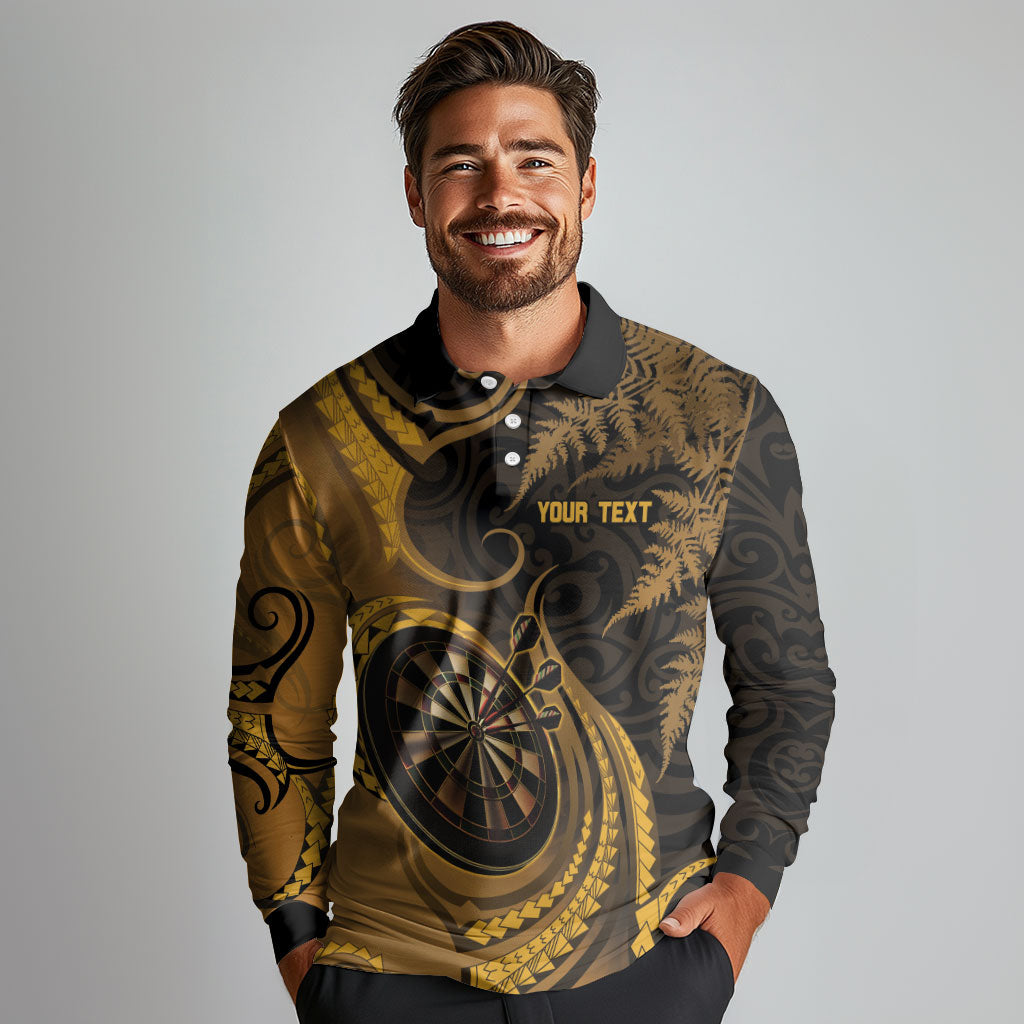 Personalised New Zealand Gold Darts Long Sleeve Polo Shirt Maori Fern Curve Style